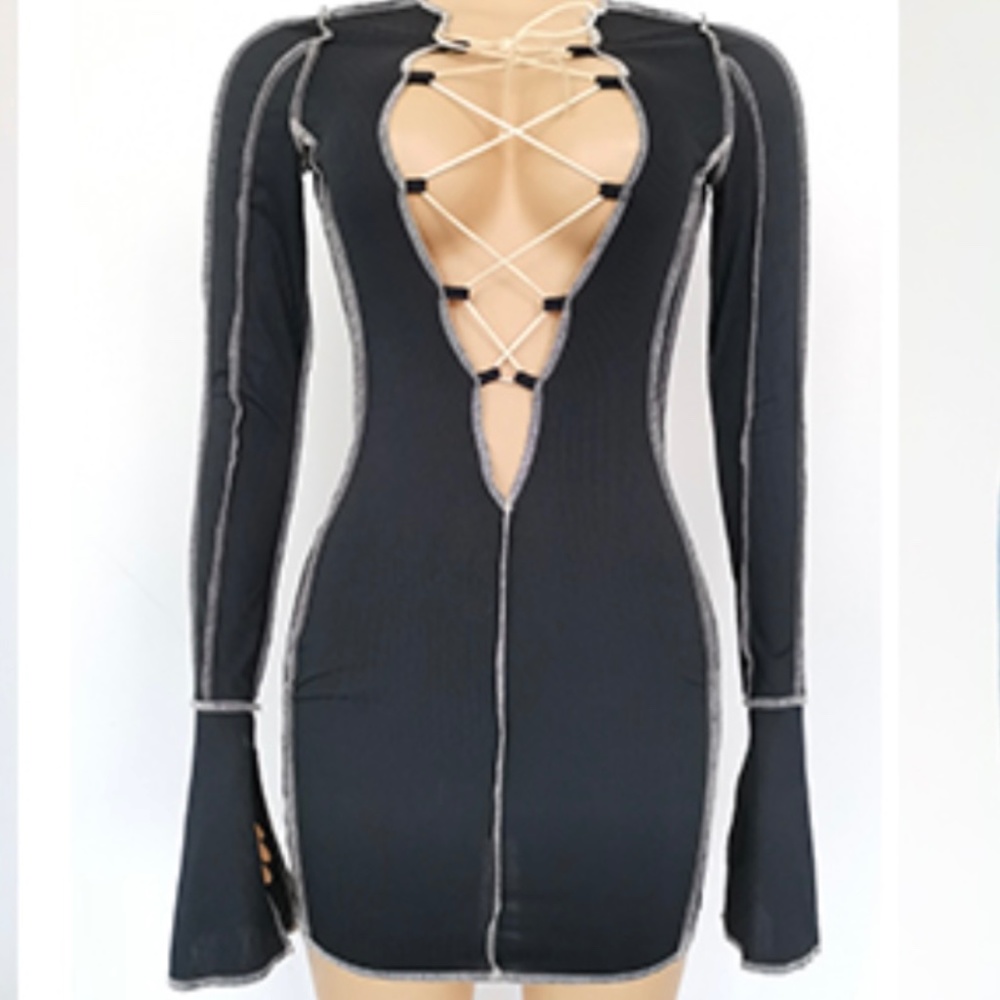 Lace Up Deep V Neck Mini Cocktail Dress